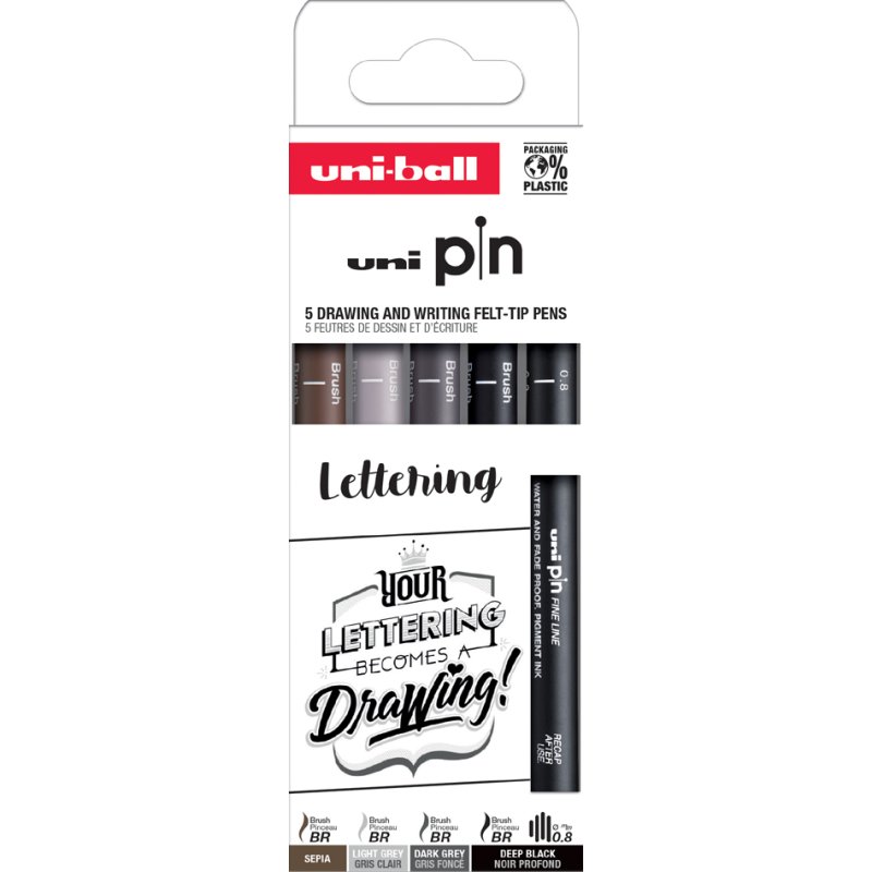 uni-ball fineliner PIN PF Lettering, kalligrafie, waterbestendige inkt, 5 stuks
